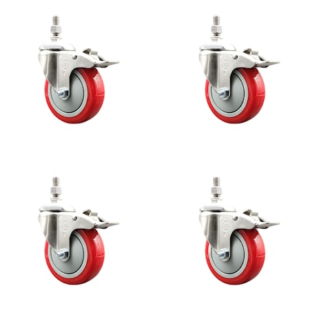 Service Caster 4 Inch 316SS Red Polyurethane Wheel Swivel 3/8 Inch Stem Caster Set Lock Brake SS316TSTTL20S414-PPUB-RED-381615-4